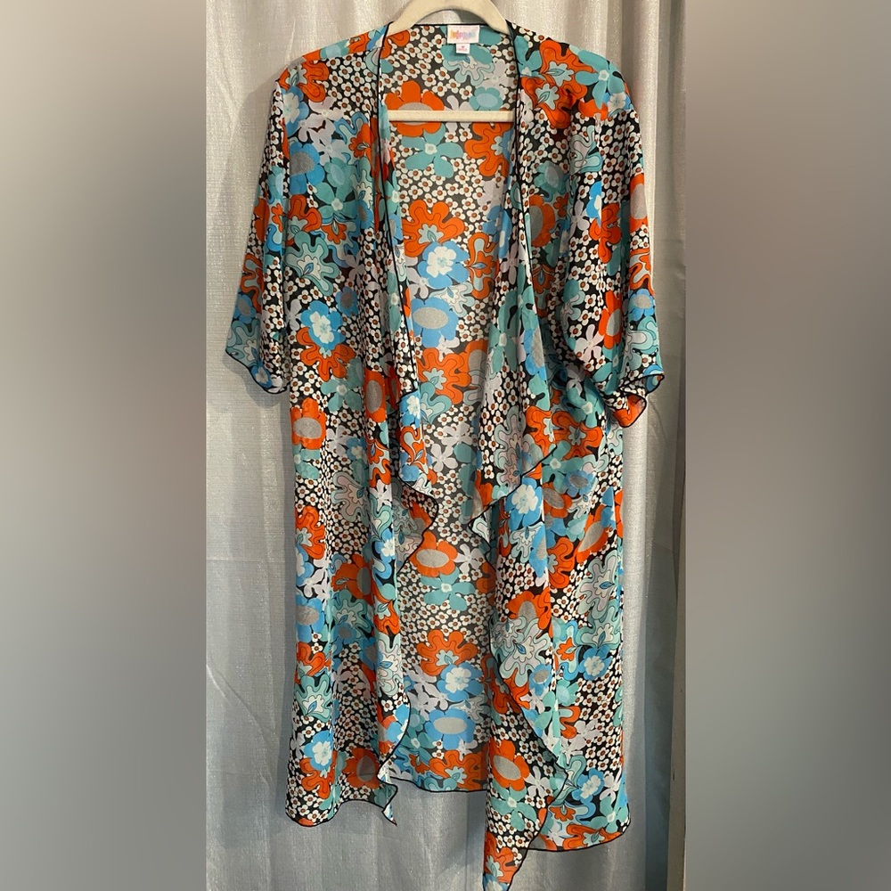 LuLaRoe retro-style floral Blue and Gray Kimono